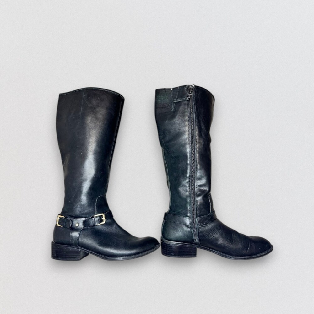 Black Leather Tall Riding Boots Gold Buckle Side Zip Women's Size 7B - Picture 5 of 6